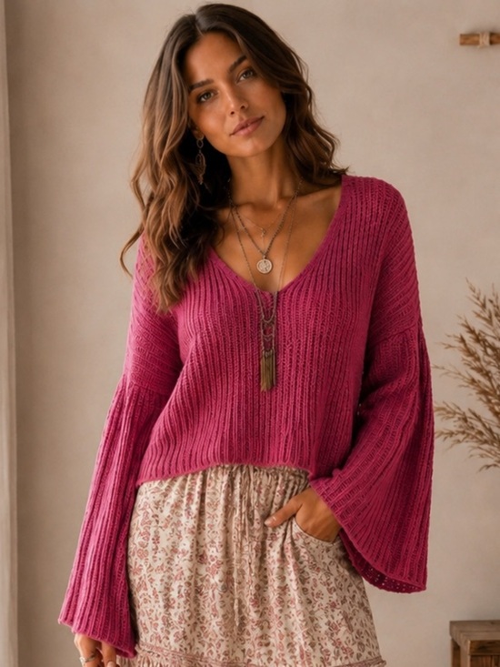 Free People Sweaters - Free People Damsel Bell Sleeve Cotton Sweater
Size XS | Mauve Pink | Boho  Knit